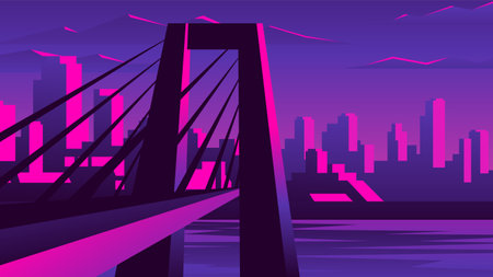 Beautiful pink sunset on metropolis background. Large bridge over the river view. Urban view landscape.のイラスト素材