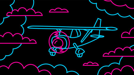Cartoon outline plane flies near the clouds. Neon retro vehicle illustration in 80s gaming style.のイラスト素材