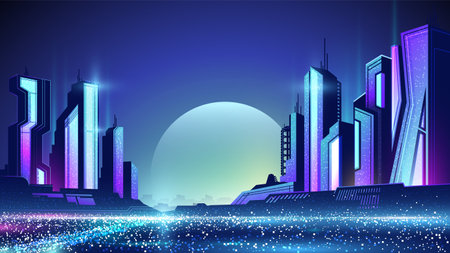 Vector illustration of neon cyberpunk city. night city view.のイラスト素材