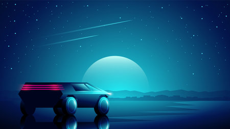 Vector neon colorful gradient illustration of a futuristic car standing on a night city background.のイラスト素材