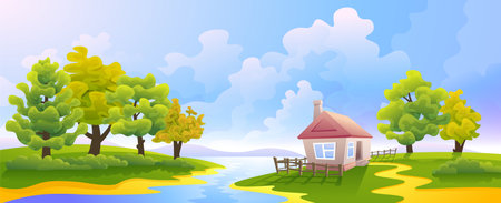 Vector colorful widescreen illustration of the rural landscape. Small house on the bank of the river.のイラスト素材