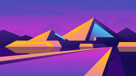 Unusual structure of a neon pyramid on an evening sunset background.のイラスト素材