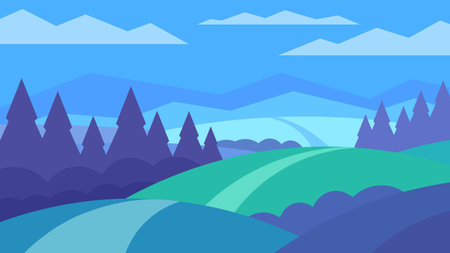 Minimalist flat landscape. Bright hills, meadows and forests on blue sky background.のイラスト素材