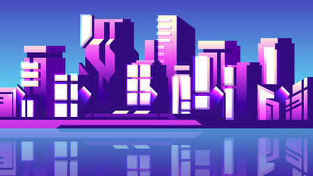 Evening modern skyscraper building. Twilight horizontal cityscape.のイラスト素材