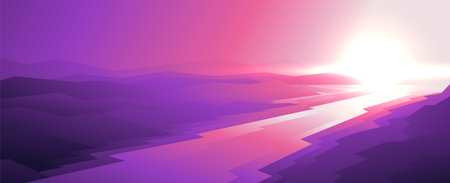 Beautiful evening sunset over the river. Summer vector horizontal illustration, water and meadows landscape.のイラスト素材
