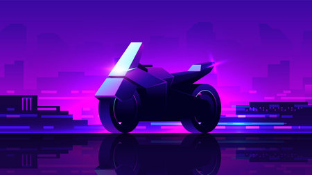 Dark silhouette of futuristic cyberpunk motorcycle on abstract night city background.のイラスト素材