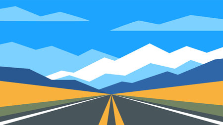 Bright empty road with markings stretches through the hills. Unusual abstract illustration of landscape on geometric mountains and sky background.のイラスト素材