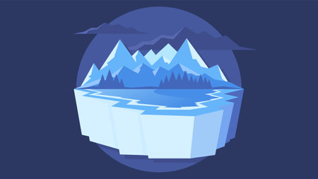 Blue mountains and lake on island. Isolated natural emblem in a minimalism flat style.のイラスト素材