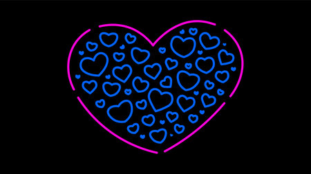 Many neon hearts inside a big heart illustration on a black background. Outline romantic scene a lot of love.のイラスト素材