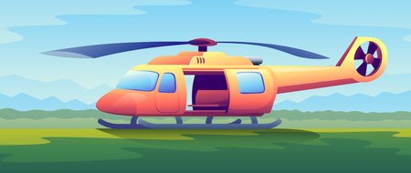 Cartoon orange air transport in horizontal illustration. The helicopter stands on dirt strip on green grass background.のイラスト素材