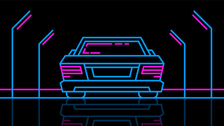 Neon car stands on the night road in 80s style. Outline retro illustration on black background.のイラスト素材