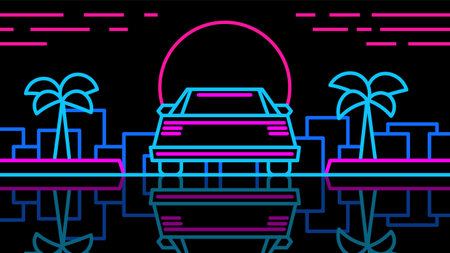 Neon modern car stands on palm trees and city background. Outline 80s arcade game style.のイラスト素材