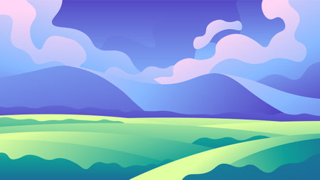 Juicy green spring meadows and hills on mountains and cloudy sky background.のイラスト素材