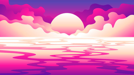 Abstract evening illustration of the setting sun among the clouds over the water surface.のイラスト素材