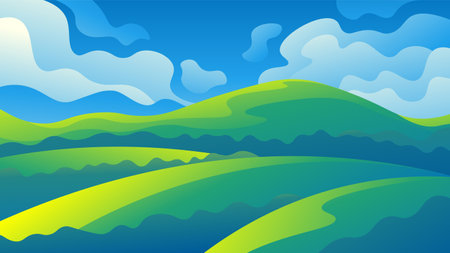 Beautiful realistic horizontal illustration of green grassy hills on a blue sky background.のイラスト素材