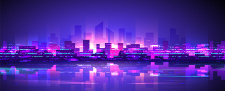 Purple shining cyberpunk metropolis in retro style on dark background. Widescreen futuristic night city.のイラスト素材