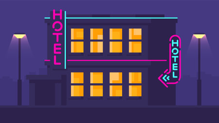 Night roadside hotel building with neon signs in retro style.のイラスト素材