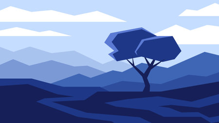 Blue landscape lonely tree stands on the field on mountains background. Dark night time minimalistic illustration.のイラスト素材