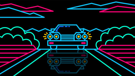 Sedan car rides on the road front view. Retro game 80s style neon landscape on black background.のイラスト素材
