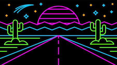 Evening neon illustration in retro gaming 80s style on black background. Road through dry desert with cactus at sunset.のイラスト素材