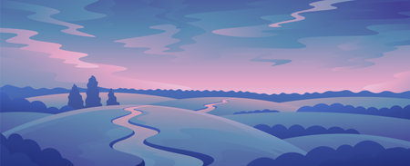 Evening view of the hills at sunset background. Horizontal widescreen illustration for social networks, banners.のイラスト素材