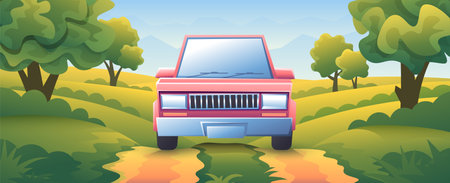 Old school retro cartoon car front view. The car is driving on dirt road to fields and trees background.のイラスト素材