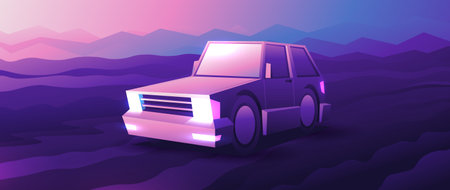 Cartoon retro car rides on dirt road on beautiful sunrise background.のイラスト素材