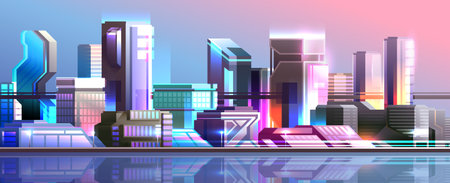 Horizontal widescreen illustration of futuristic city. Colorful cyberpunk metropolis.のイラスト素材
