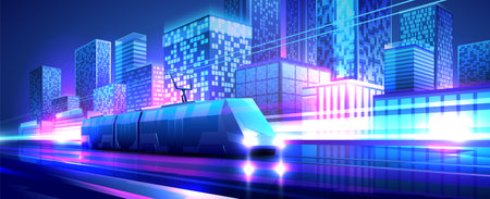 Urban evening landscape of the city and public transport. Modern tram rides across the street.のイラスト素材