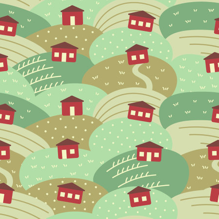 Countryside suburban village on hilly terrain seamless pattern.のイラスト素材