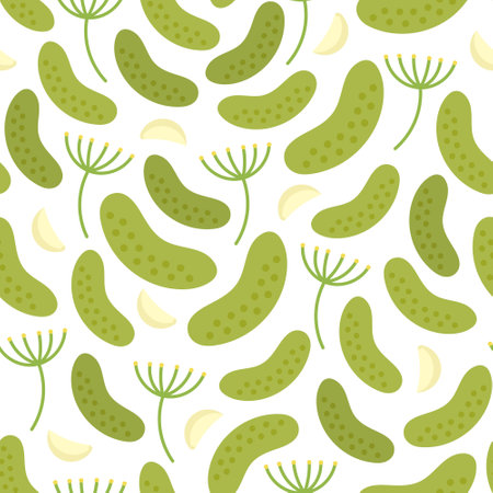 Pickled homemade cucumbers with garlic seamless pattern on a white background.のイラスト素材