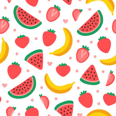 Juicy banana, strawberry and watermelon on a white background. Bright fruit flat seamless pattern.のイラスト素材