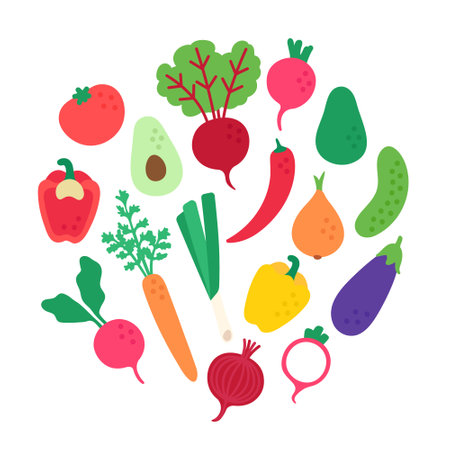 Flat set of vegetables in a circular composition. Simple illustration of fresh food on white background.のイラスト素材