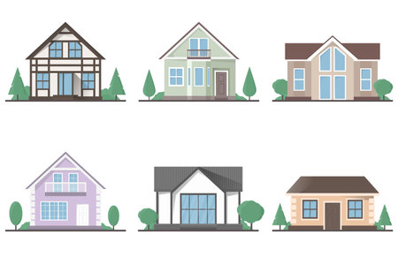Set of vector isolated flat private houses on a white background with treesのイラスト素材