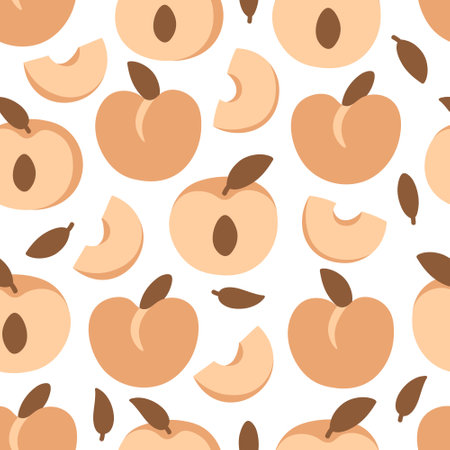Whole peach and slices on white background. Vector seamless pattern.のイラスト素材