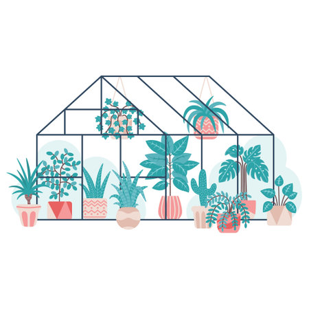 Flat vector illustration with home tropical plants greenhouse isolated on white background. Growing and caring for plants.のイラスト素材