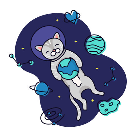 Cute domestic gray cat flies in outer space and plays with the planet in its paws. Funny illustration isolated on white background.のイラスト素材