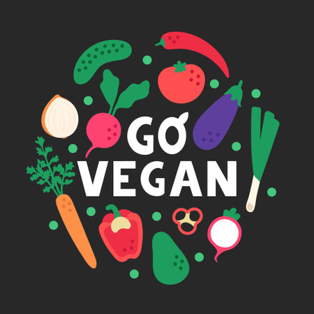 Phrase go vegan with vegetables in a circular composition. Flat bright vegetables on a black background. Healthy vegetarian lifestyle.のイラスト素材
