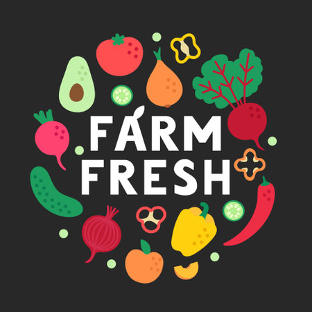 Phrase farm fresh with vegetables in a circular composition. Flat vegetables on a black background. Healthy vegan lifestyle.のイラスト素材