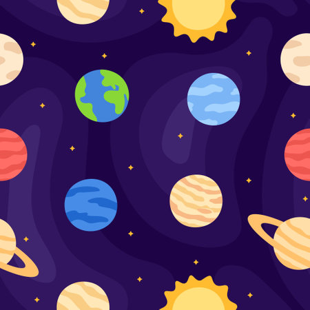 Flat cartoon solar system with planets Earth, Mars, Jupiter, Saturn and other seamless pattern on cosmos background.のイラスト素材