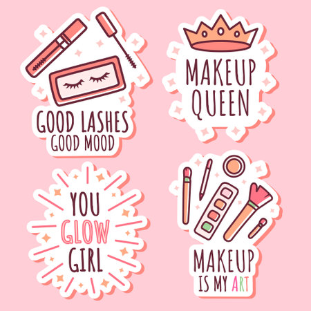 Funny make-up illustration with phrases. Set of isolated stickers with mascara, eye shadow.のイラスト素材