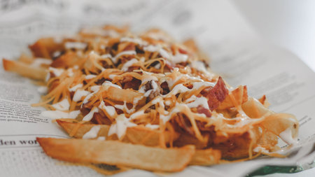 Close-up of fried potatoes with cheese and bacon on a newspaper