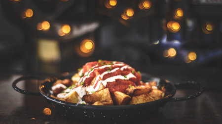 roasted meat with potatoes and sour cream in a pan on a dark background