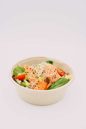 Smoked salmon salad and fresh vegetables to take awayの写真素材