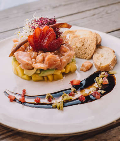 An exquisite gourmet salmon and avocado tartare