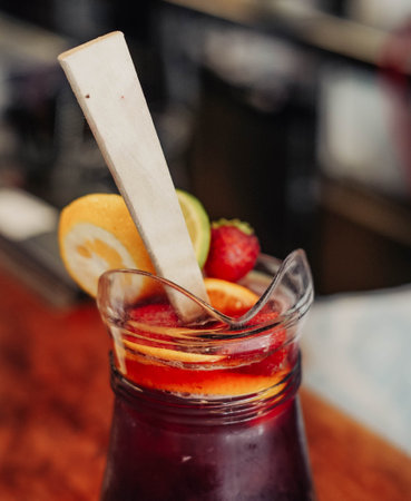 Liter jug ââof sangria made with red wine and fruit juicesの写真素材