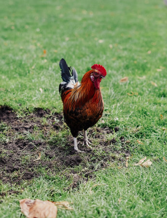 Colorful rooster free in a park on a hot dayの写真素材