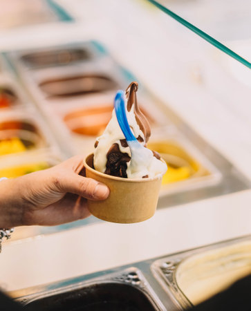 Chocolate yogurt ice cream with syrup