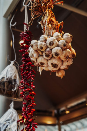 A cluster of garlic and a cluster of hot cayenne peppersの写真素材