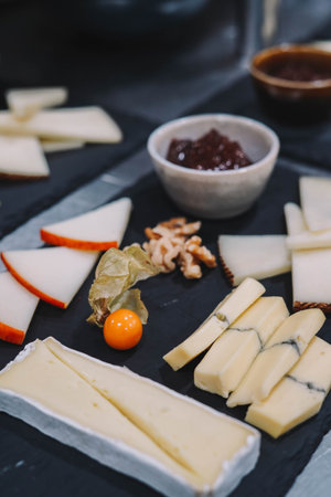 Table with different types of European cheeses